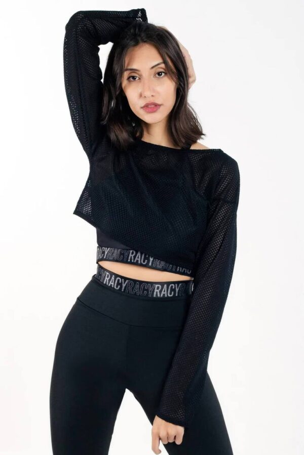 Top Cropped Manga Longa de Tela Dry Fit Preto Fitness www.athenafitwear.com.br