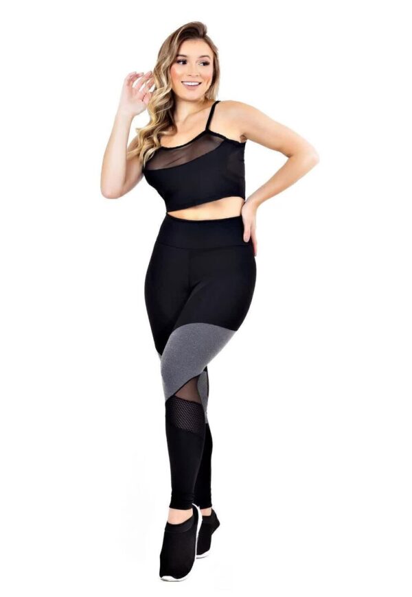Conjunto Fitness Calça Legging Detalhe Cinza Aço Cropped Detalhe Busto www.athenafitwear.com.br
