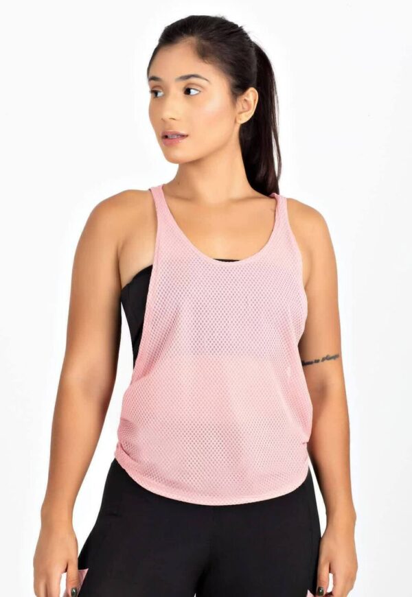Calça Legging com Bolso em Tela Dry + Regata de Tela + Top Tomara que Caia Preto com Rosé Conjunto Fitness www.athenafitwear.com.br
