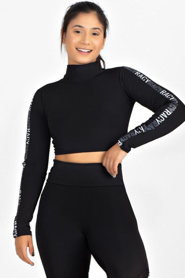 Calça Legging com Elástico e Tela Dry + Cropped Manga Longa Gola Alta Conjunto Fitness www.athenafitwear.com.br