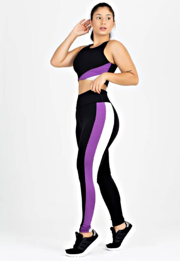 Cropped + Calça Legging Preto com Roxo e Branco Conjunto Metamorfose www.athenafitwear.com.br