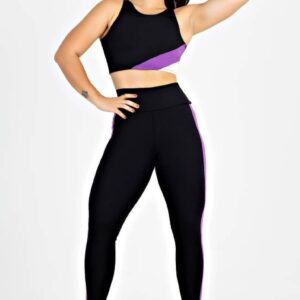 Cropped + Calça Legging Preto com Roxo e Branco Conjunto Metamorfose www.athenafitwear.com.br