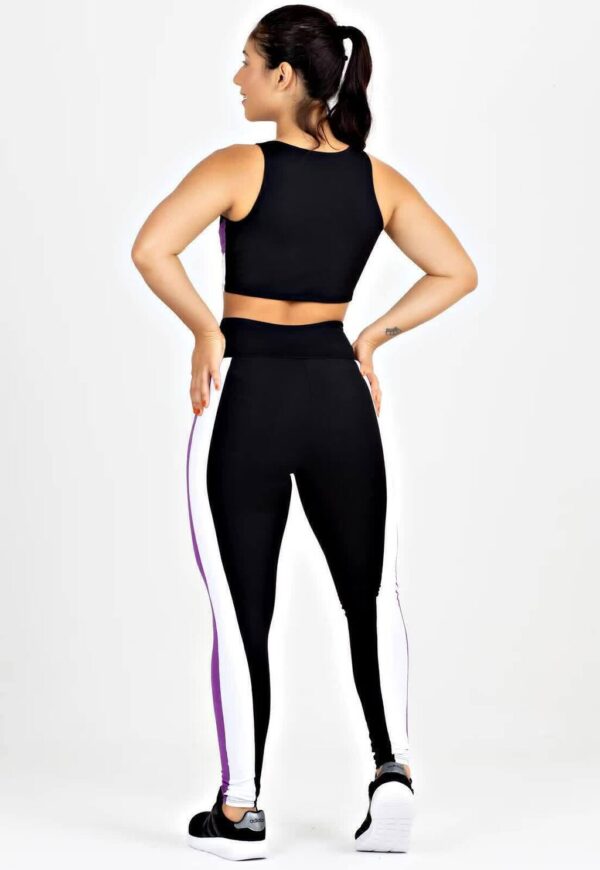 Cropped + Calça Legging Preto com Roxo e Branco Conjunto Metamorfose www.athenafitwear.com.br