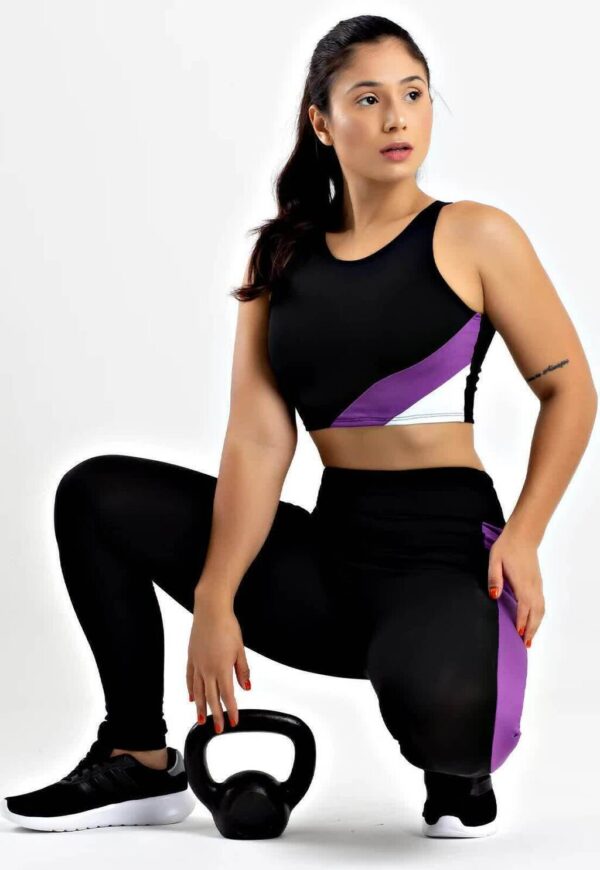 Cropped + Calça Legging Preto com Roxo e Branco Conjunto Metamorfose www.athenafitwear.com.br