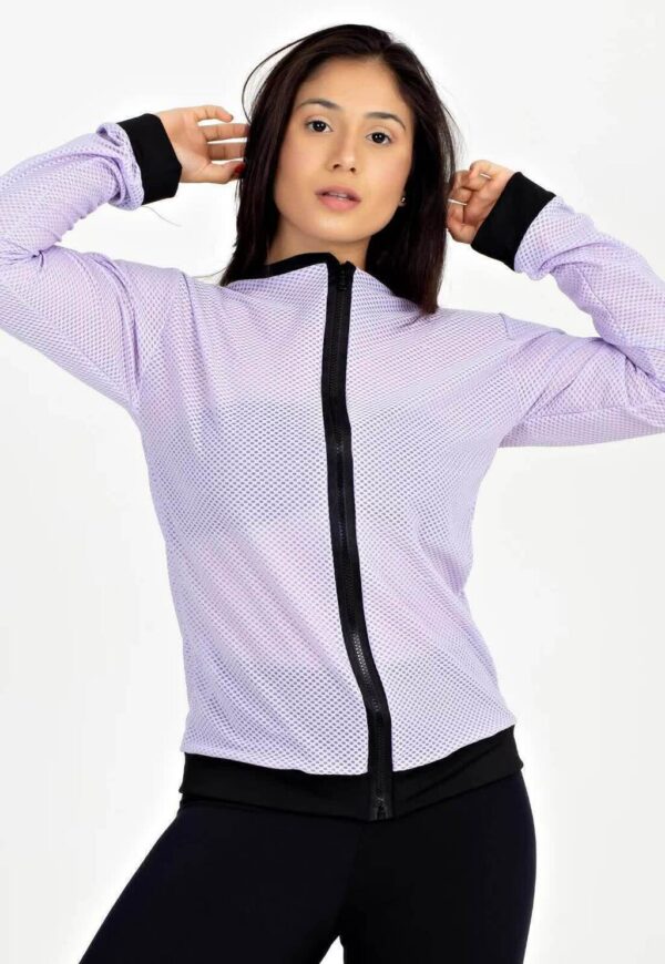 Casaco De Tela Com Ziper Lilás Fitness Longo www.athenafitwear.com.br