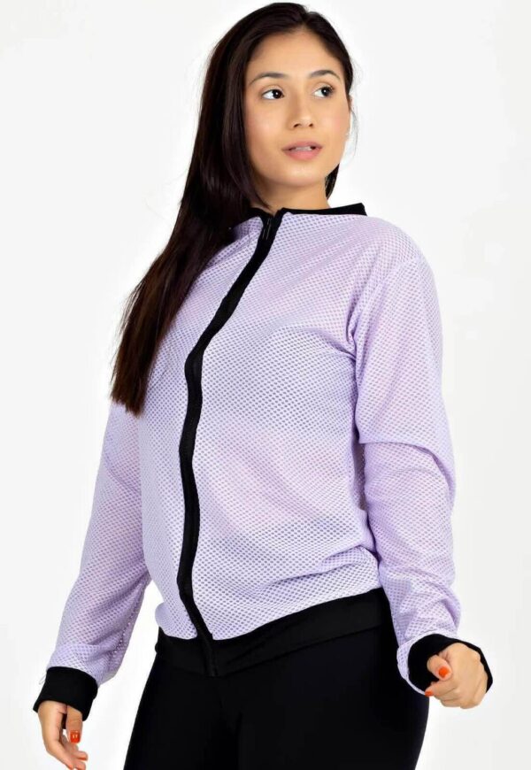 Casaco De Tela Com Ziper Lilás Fitness Longo www.athenafitwear.com.br