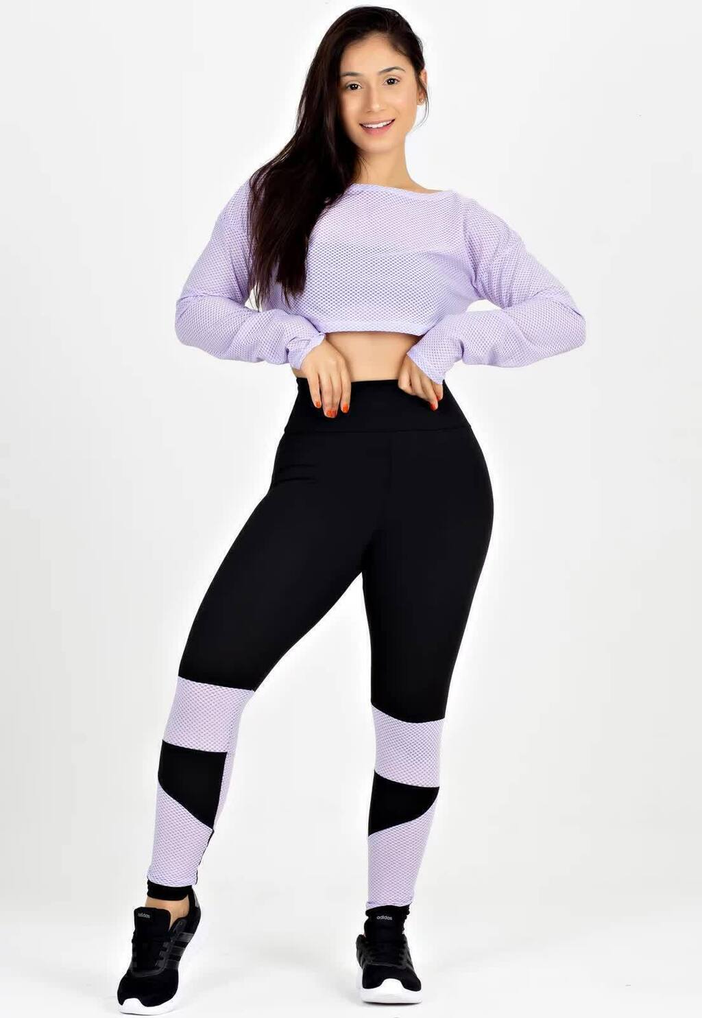 Cropped Em Tela + Calça Legging Com Detalhe Lilás Conjunto Metamorfose www.athenafitwear.com.br
