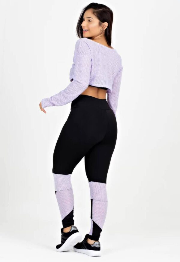 Cropped Em Tela + Calça Legging Com Detalhe Lilás Conjunto Metamorfose www.athenafitwear.com.br