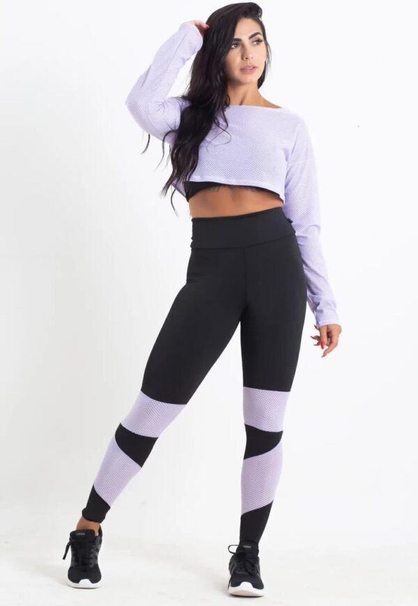 Cropped Em Tela + Calça Legging Com Detalhe Lilás Conjunto Metamorfose www.athenafitwear.com.br