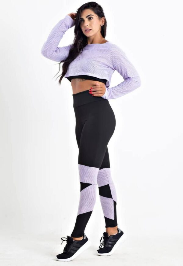 Cropped Em Tela + Calça Legging Com Detalhe Lilás Conjunto Metamorfose www.athenafitwear.com.br