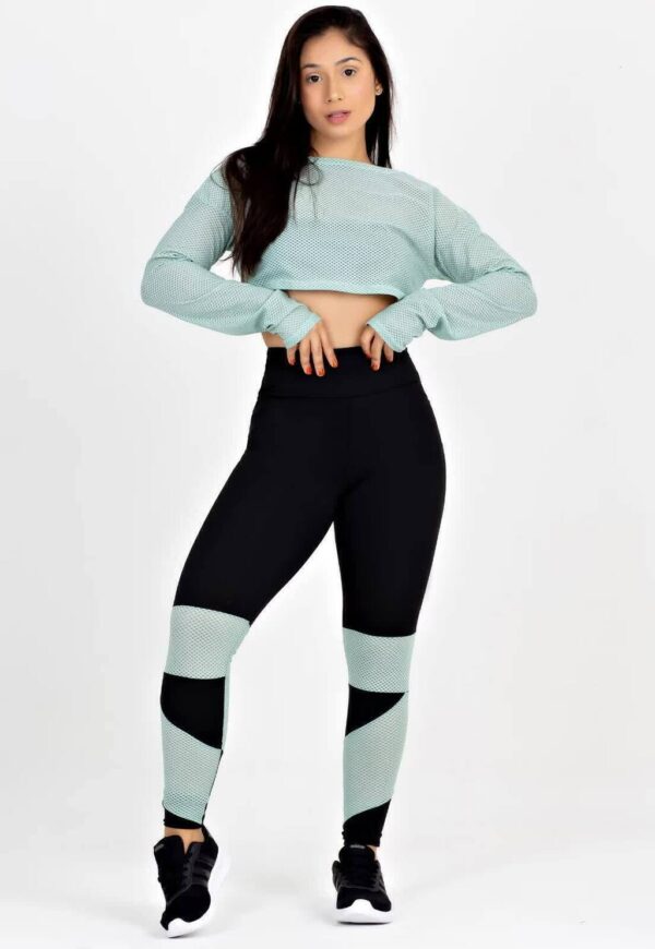Cropped Em Tela + Calça Legging Com Detalhe Verde Conjunto Metamorfose www.athenafitwear.com.br