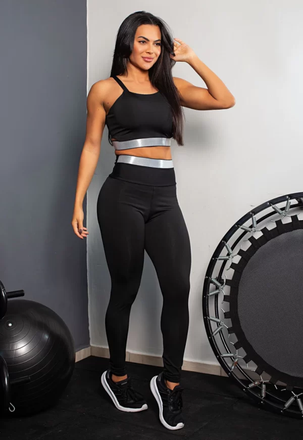 Calça Legging Cintura Alta + Cropped Alcinha Preto com Elásticos Conjunto Fitness www.athenafitwear.com.br