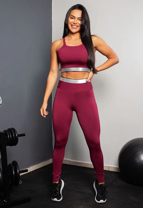 Conjunto Fitness Calça Legging Cintura Alta + Cropped Alcinha Marsala com Elásticos www.athenafitwear.com.br