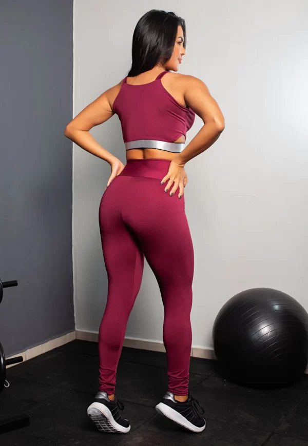 Conjunto Fitness Calça Legging Cintura Alta + Cropped Alcinha Marsala com Elásticos www.athenafitwear.com.br