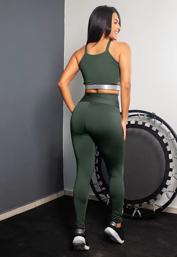 Calça Legging Cintura Alta + Cropped Alcinha Cinza Verde com Elásticos Conjunto Fitness www.athenafitwear.com.br